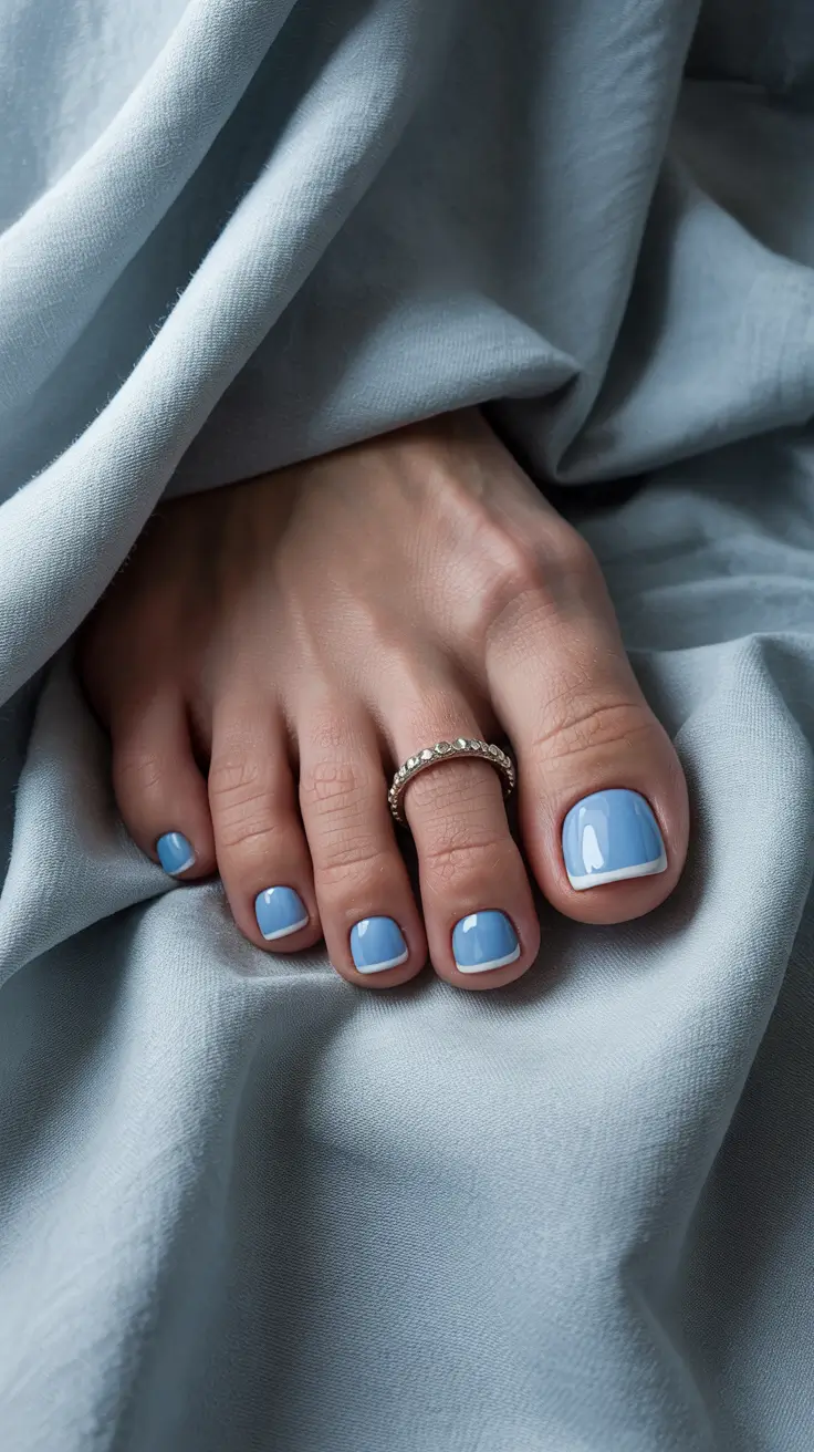 stylish spring toe nails 2026 Powder Blue with a Modern Micro French Edge