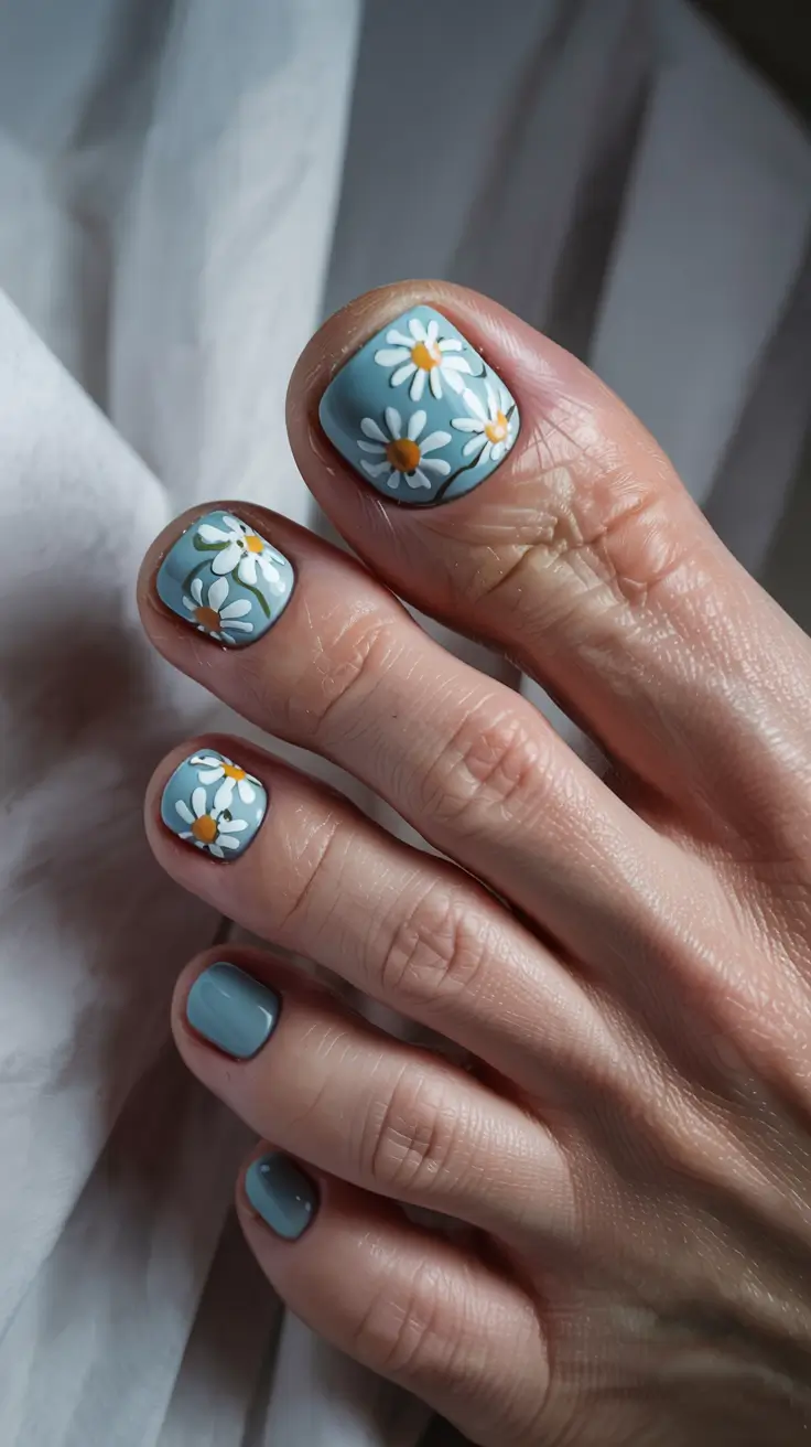stylish spring toe nails 2026 Soft Blue Daisies for That First Real Sunny Weekend