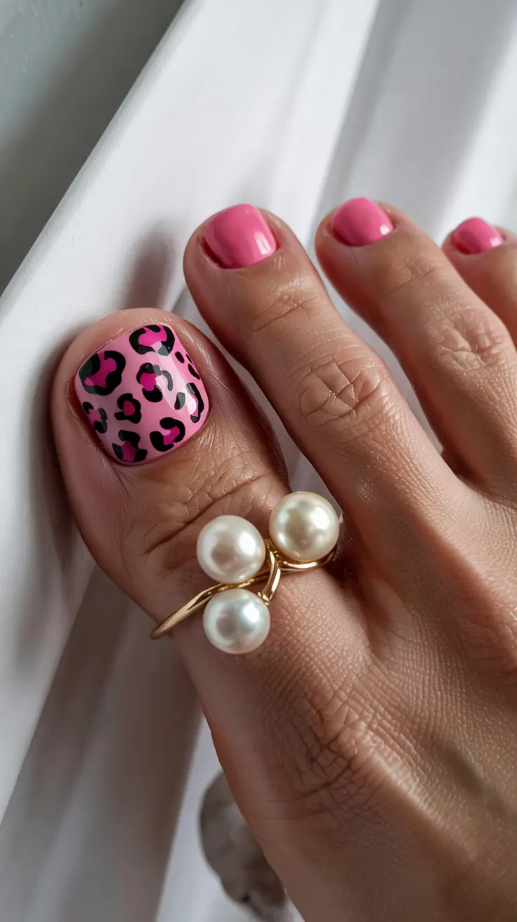 stylish spring toe nails 2026 Pink Leopard Accent with a Modern Twist