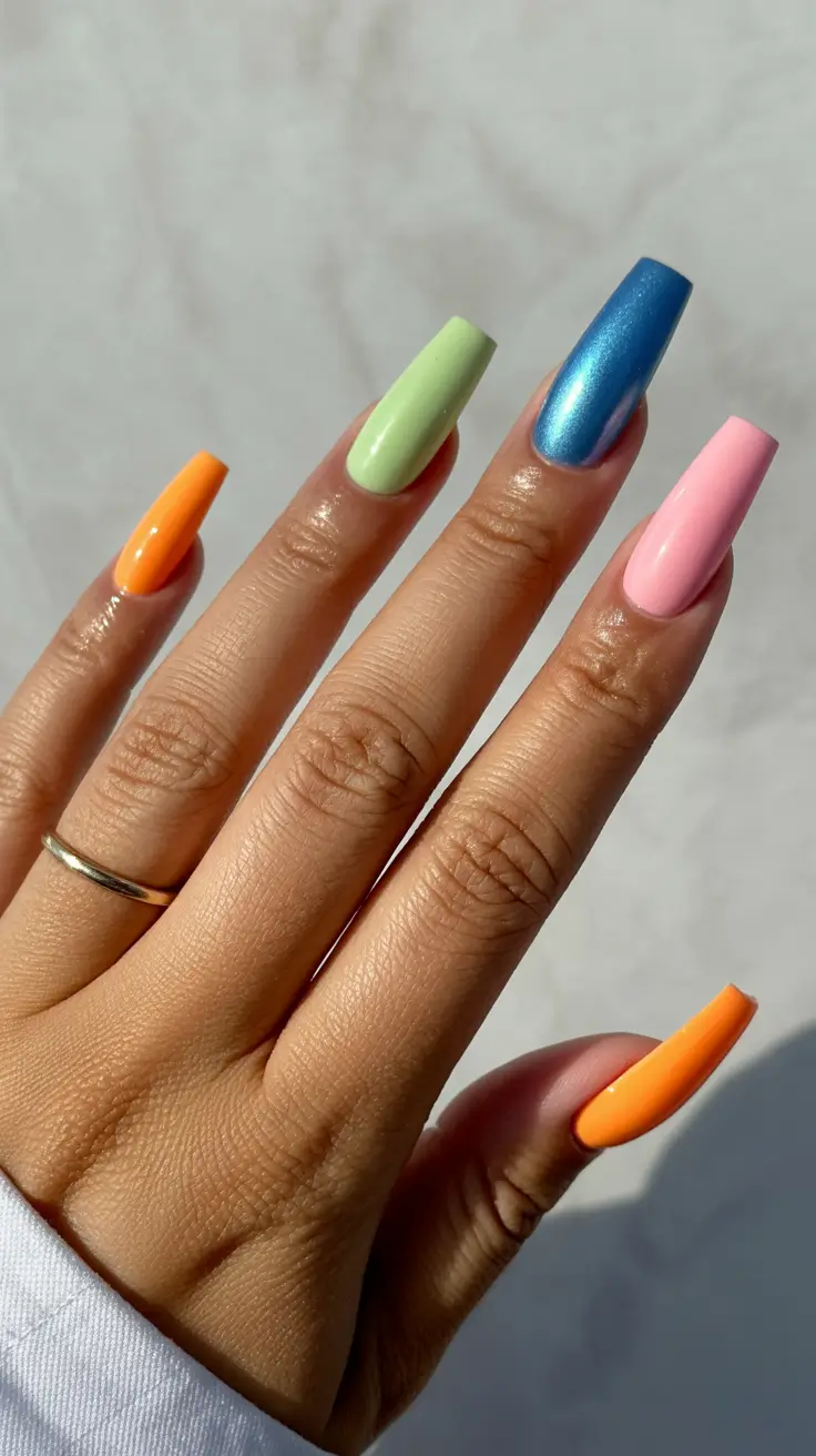 stylish spring vacation nails 2026 Playful Multi-Color Gloss with Metallic Blue Accent