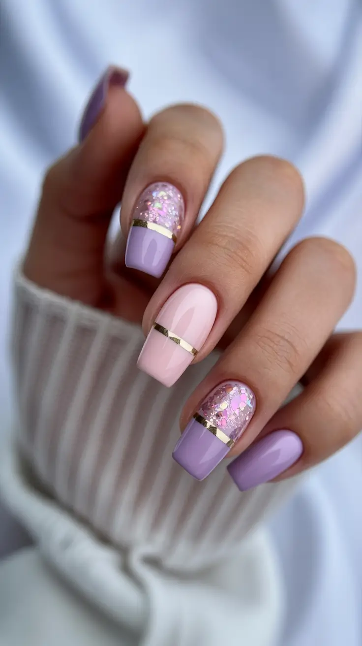 stylish spring vacation nails 2026 Lilac and Blush with Gold Foil Bands