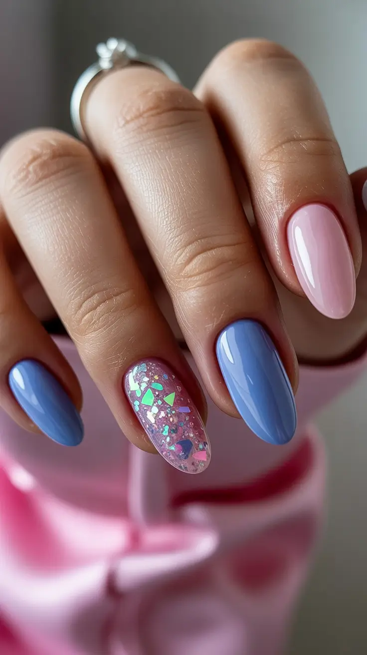 stylish spring vacation nails 2026 Dusty Blue and Pink with Confetti Accent
