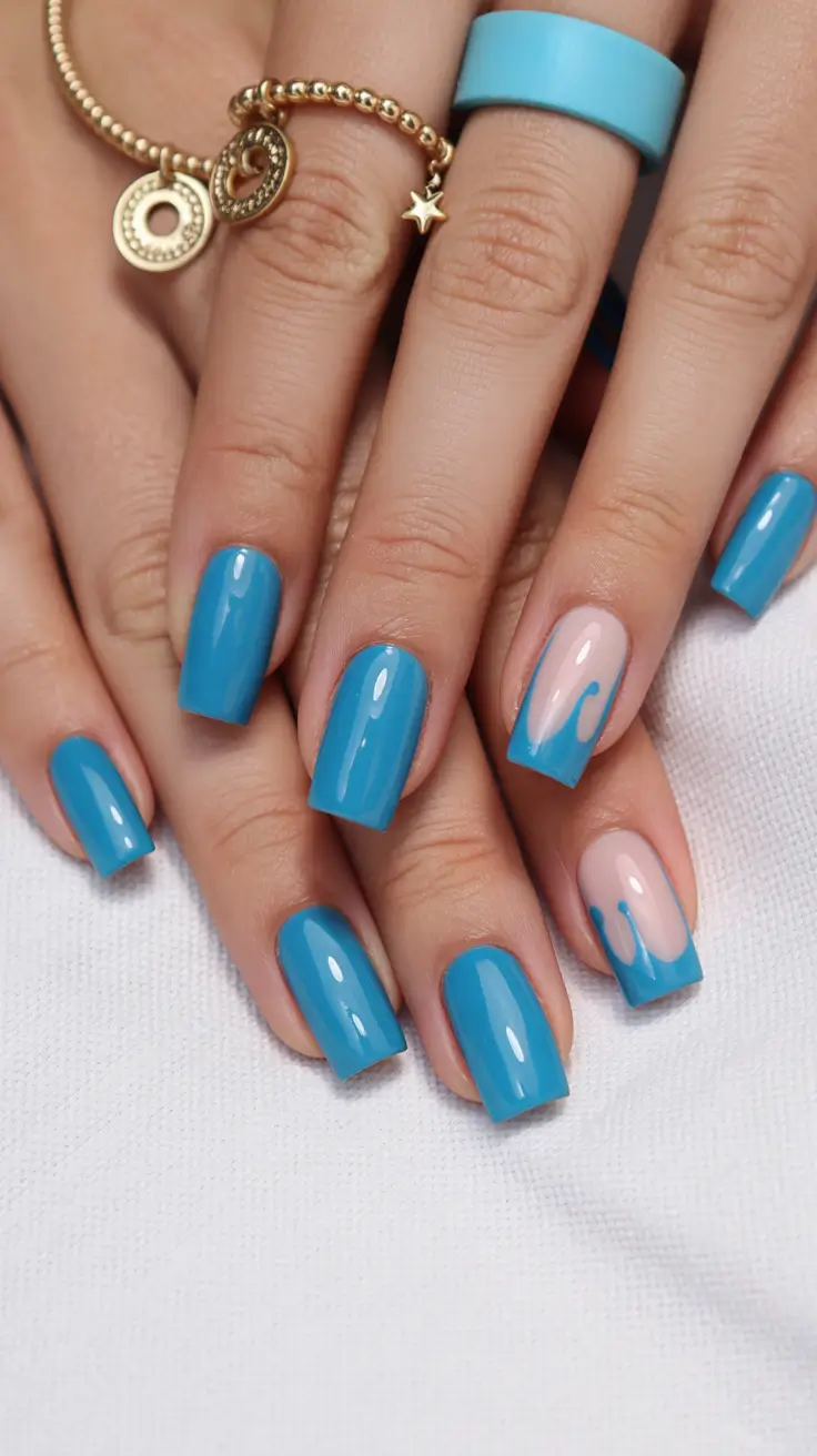 stylish spring vacation nails 2026 Glossy Teal with Minimal Drip Accent