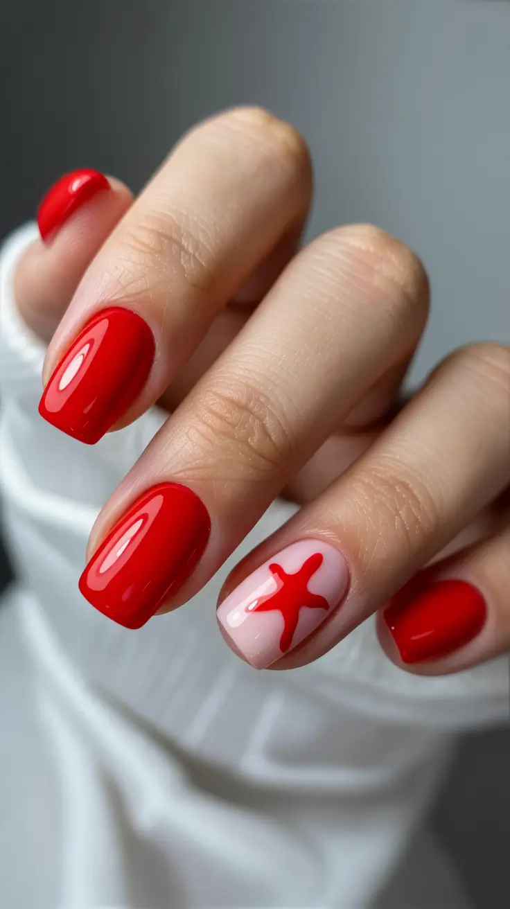 stylish spring vacation nails 2026 Classic Red with Starfish Accent
