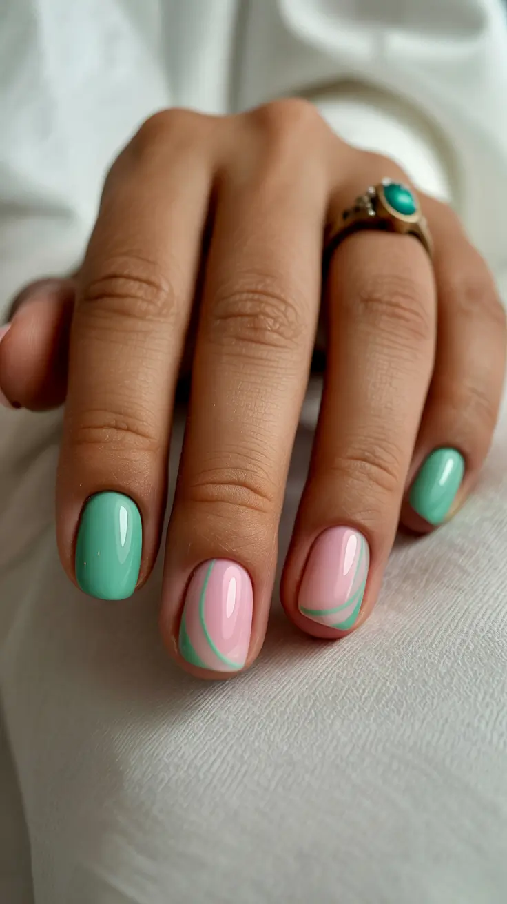 stylish spring vacation nails 2026 Mint and Pink Swirl Minimalism