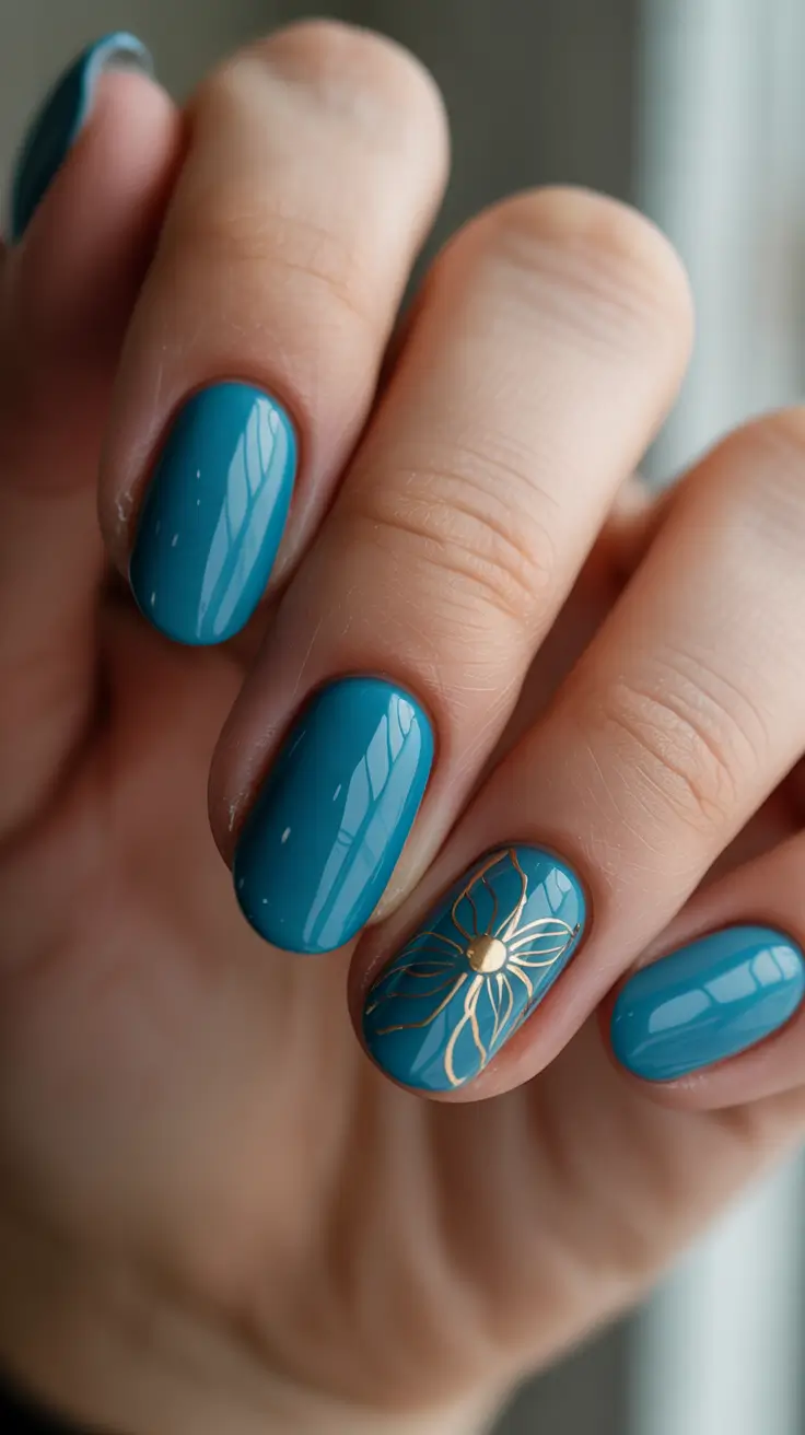 stylish spring vacation nails 2026 Turquoise Gloss with Minimal Gold Bloom