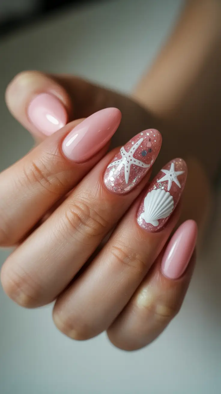 stylish spring vacation nails 2026 Blush Pink with 3D Seashell Accents