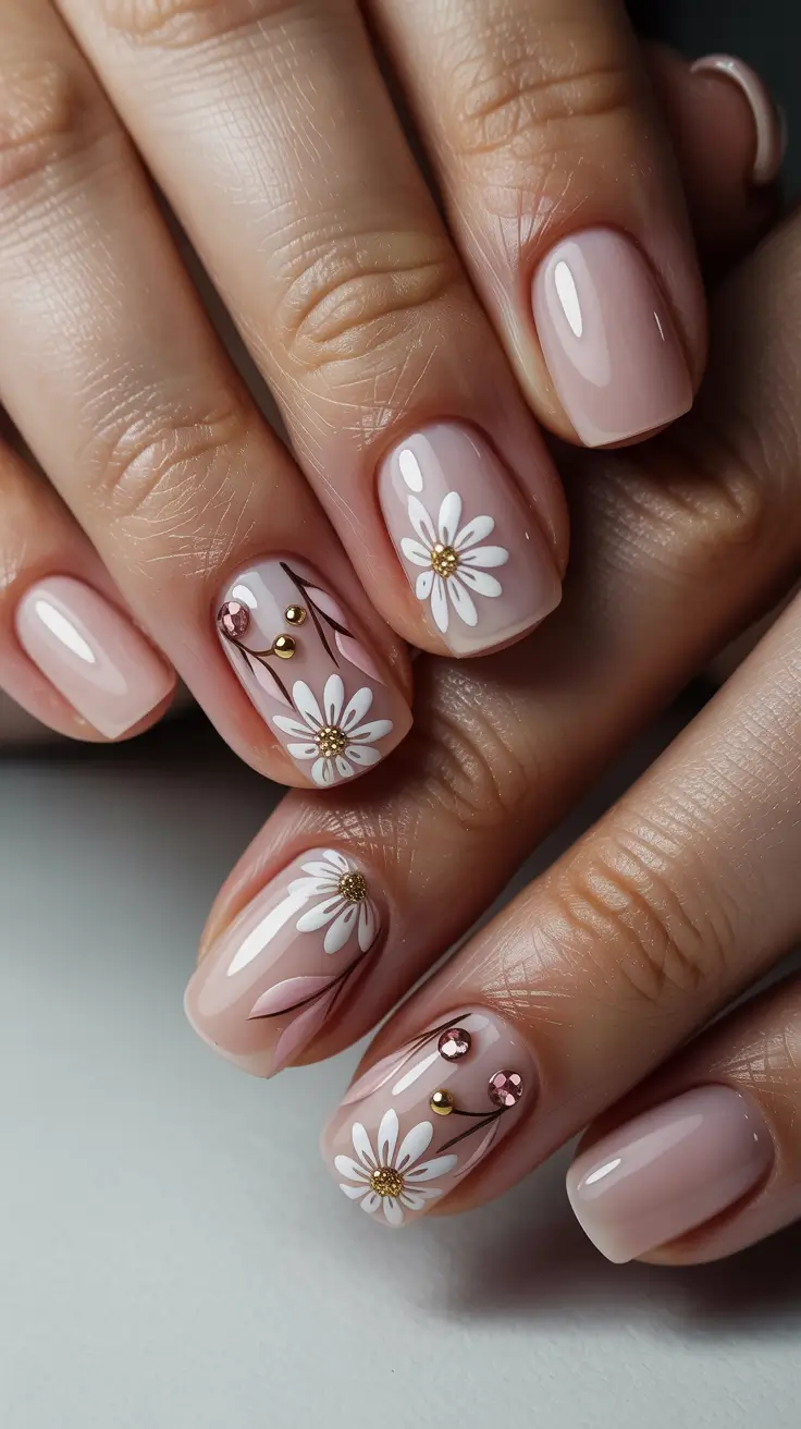 stylish spring vacation nails 2026 Nude Daisy Detail with Subtle Crystals