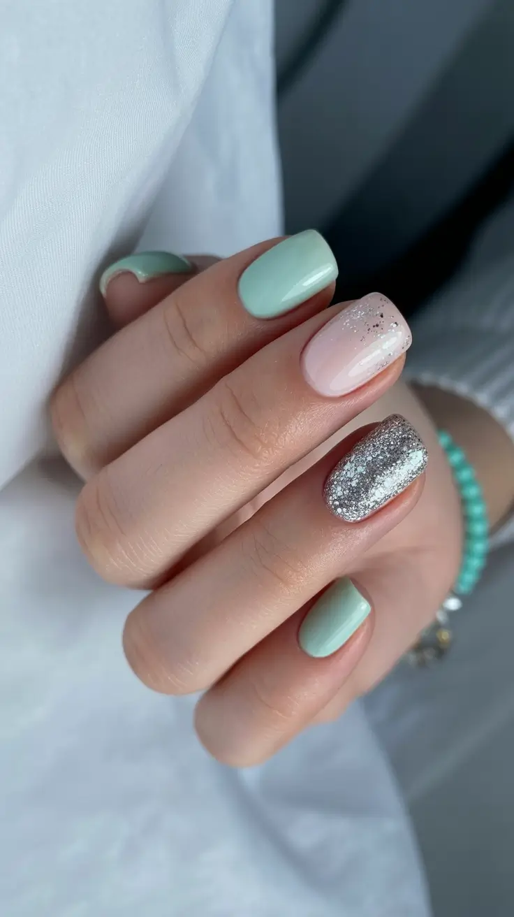 stylish spring vacation nails 2026 Mint and Silver Minimal Mix