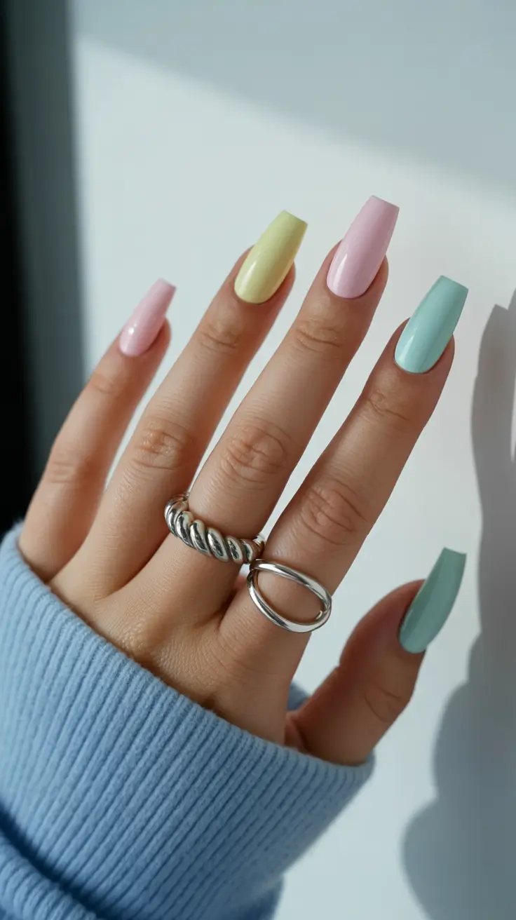 stylish spring vacation nails 2026 Soft Pastel Block in Long Square