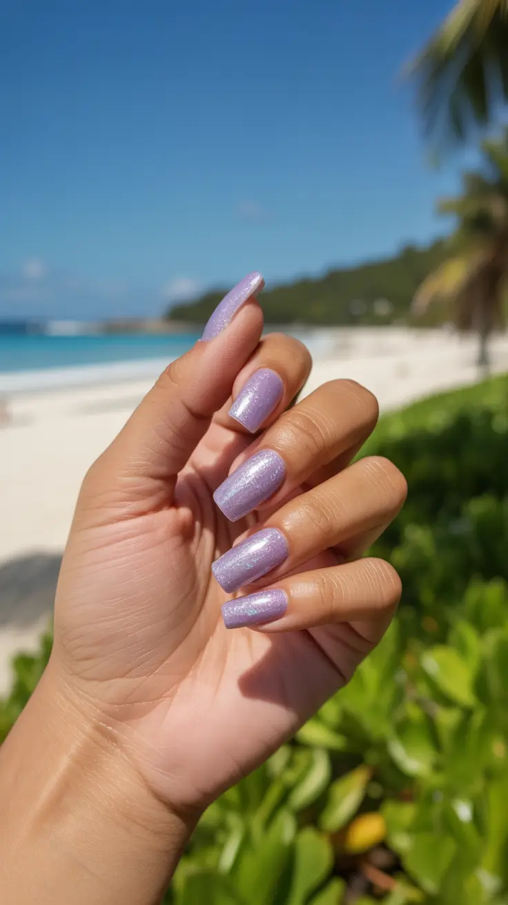 stylish spring vacation nails 2026 Lavender Shimmer Beach Glow