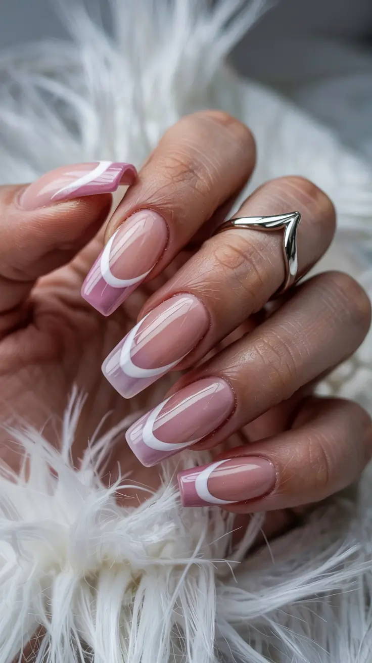 stylish spring wedding nails 2026 Graphic Wave French in Soft Rose