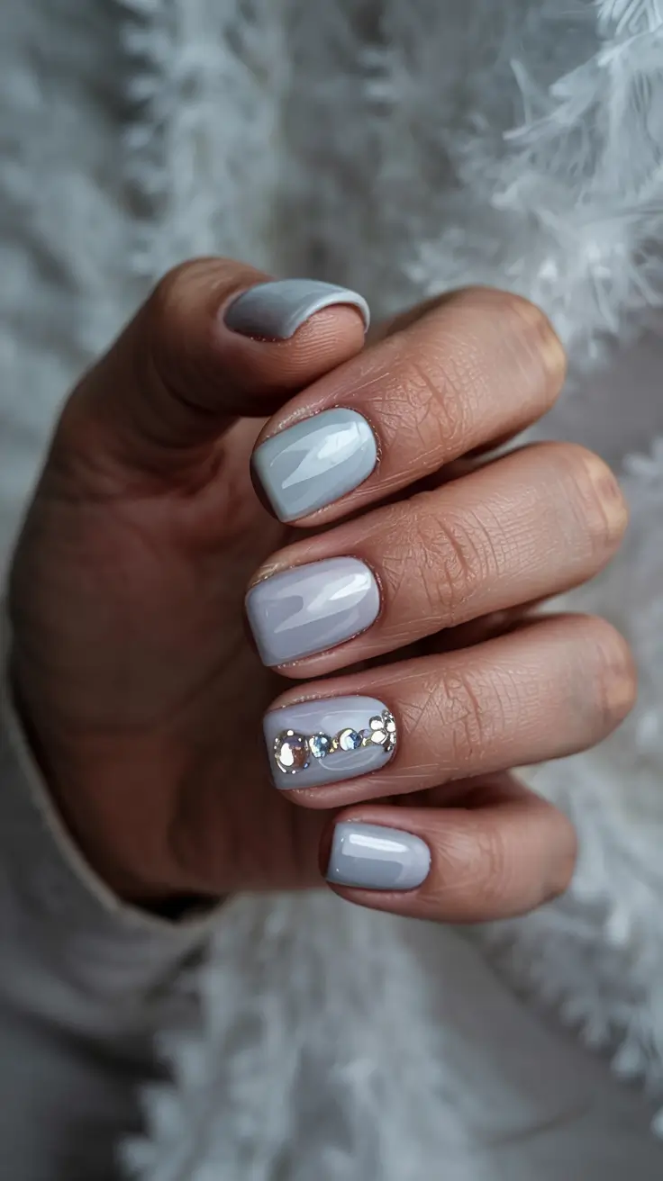 stylish spring wedding nails 2026 Powder Blue Gloss with Crystal Accent