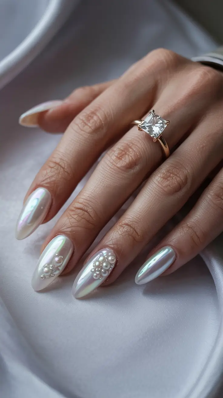 stylish spring wedding nails 2026 Pearlescent Chrome with 3D Pearl Clusters