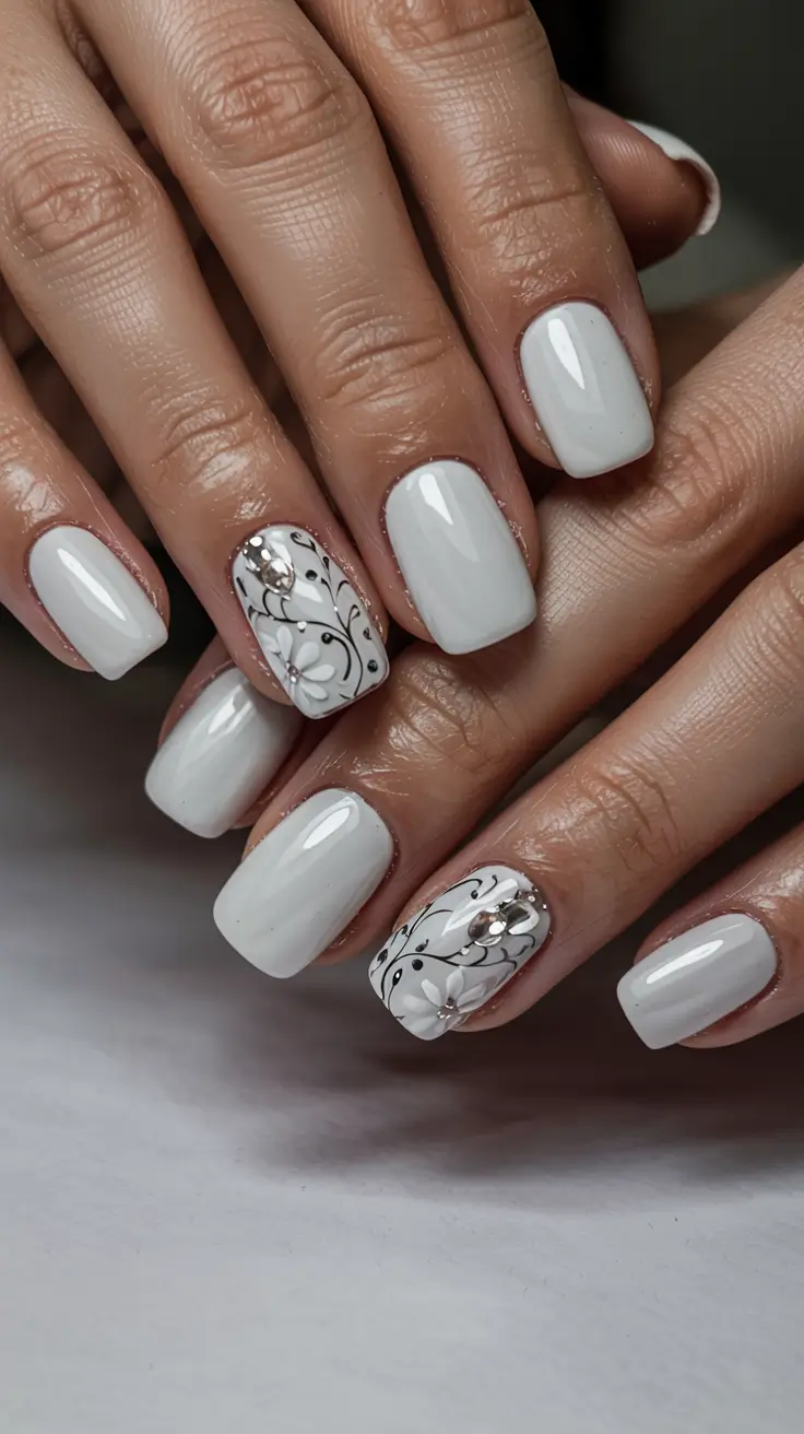 stylish spring wedding nails 2026 Soft White with Floral Vine Detailing