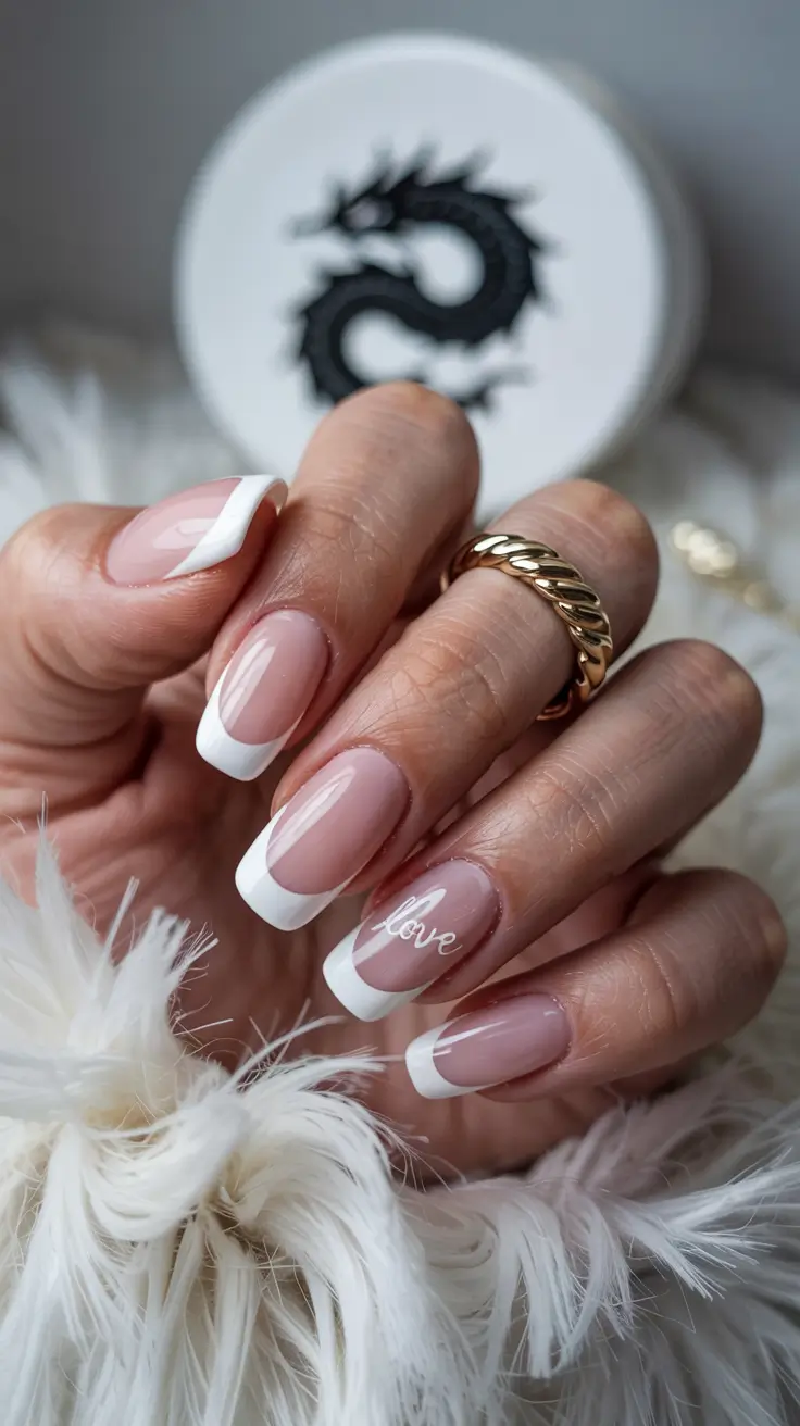 stylish spring wedding nails 2026 Modern French with Script Detail