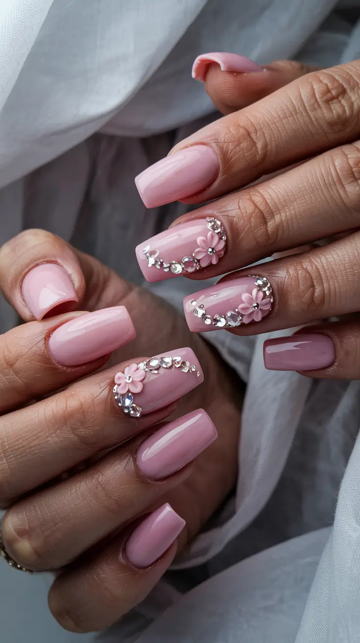 stylish spring wedding nails 2026 Blush Pink Florals with Rhinestone Trails