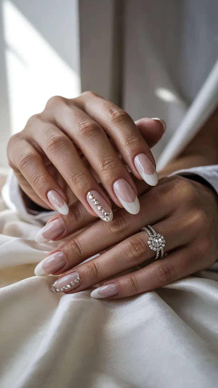 stylish spring wedding nails 2026 Almond French with Crystal Side Frame