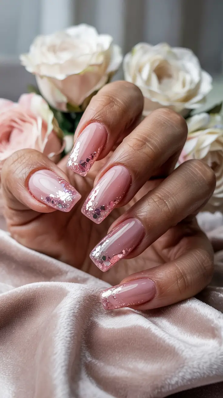 stylish spring wedding nails 2026 Sheer Pink with Foil-Kissed Tips