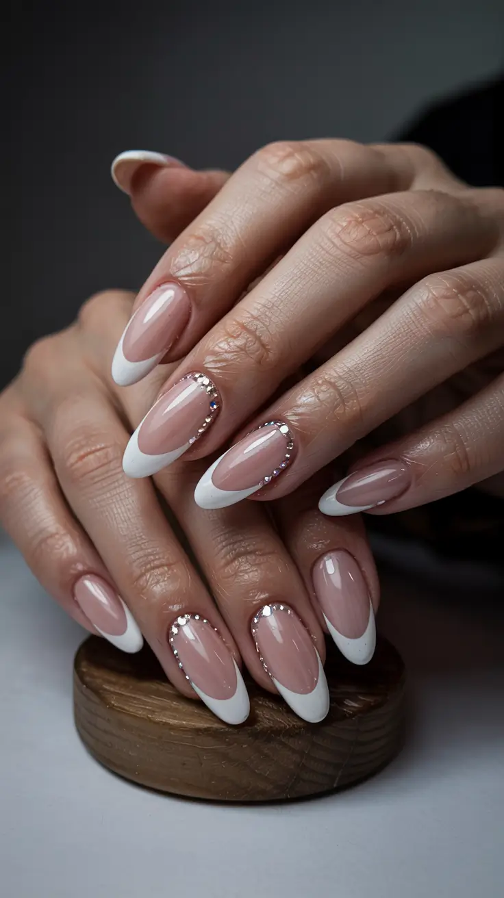 stylish spring wedding nails 2026 Almond French with Crystal Smile Lines