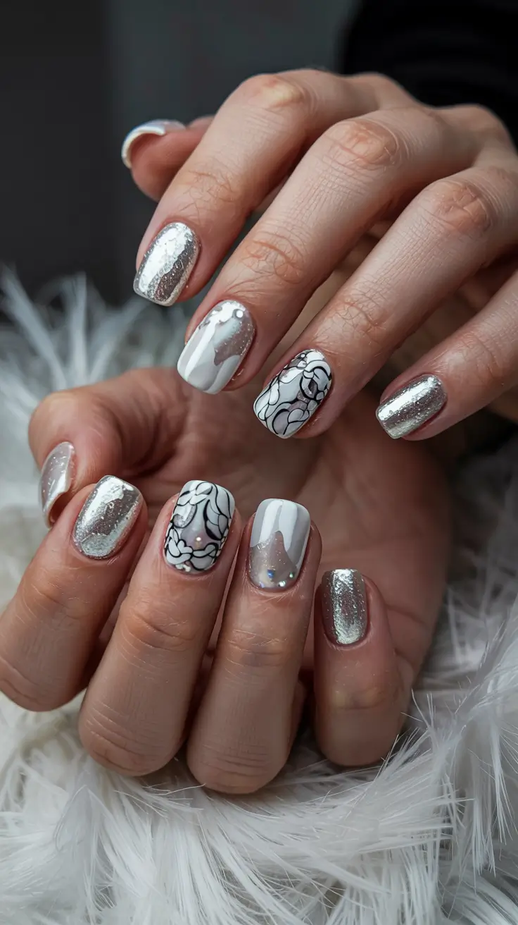 stylish spring wedding nails 2026 Silver Shimmer and Lace-Inspired Art
