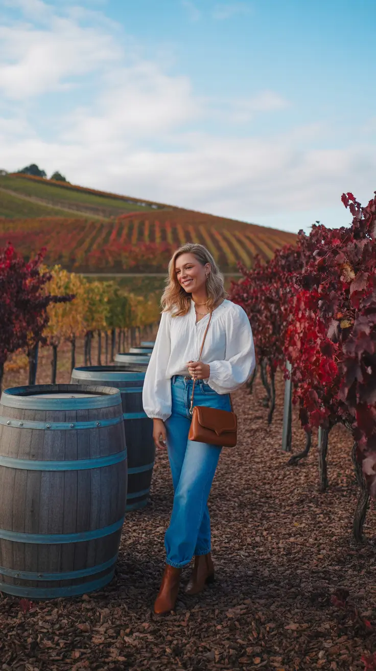 stylish winery outfit spring 2026 Classic Denim and Soft Blouse