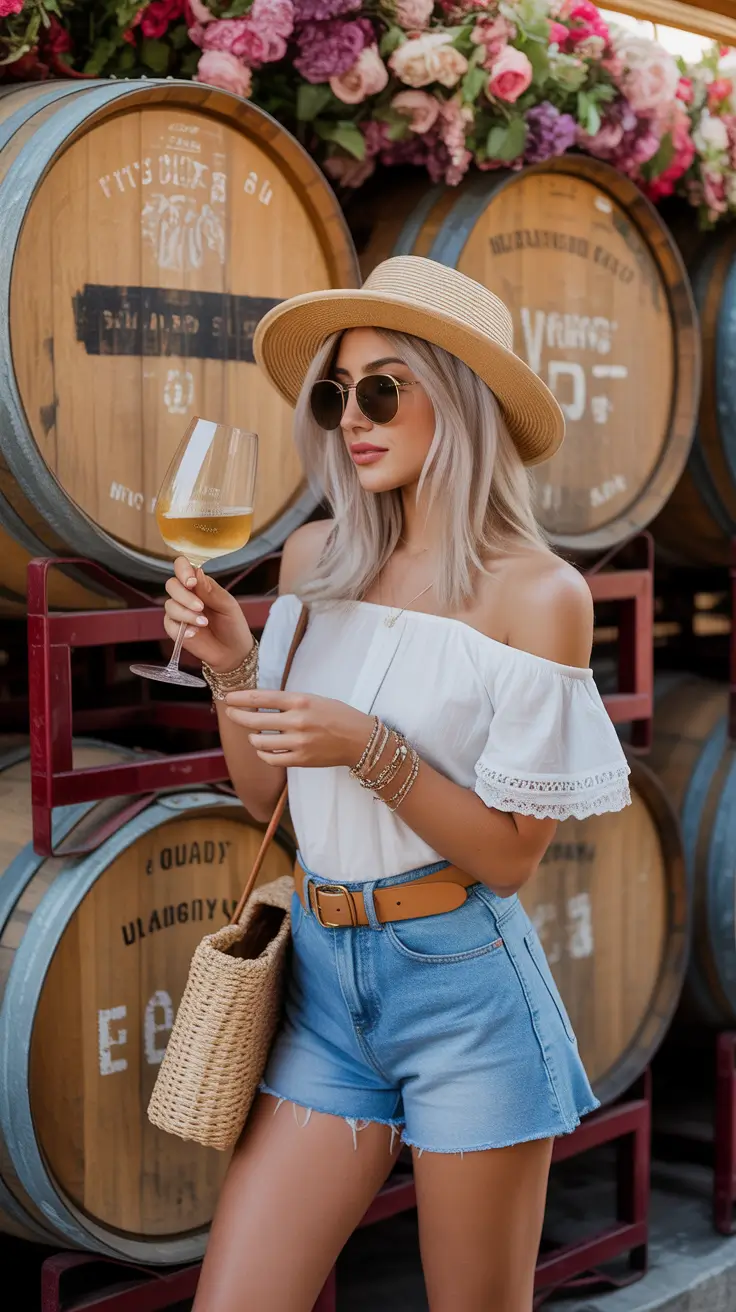 stylish winery outfit spring 2026 Denim Shorts and Off the Shoulder Top