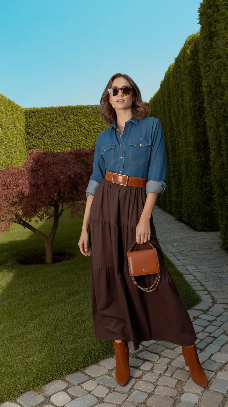 stylish winery outfit spring 2026 Denim and Earth Tones