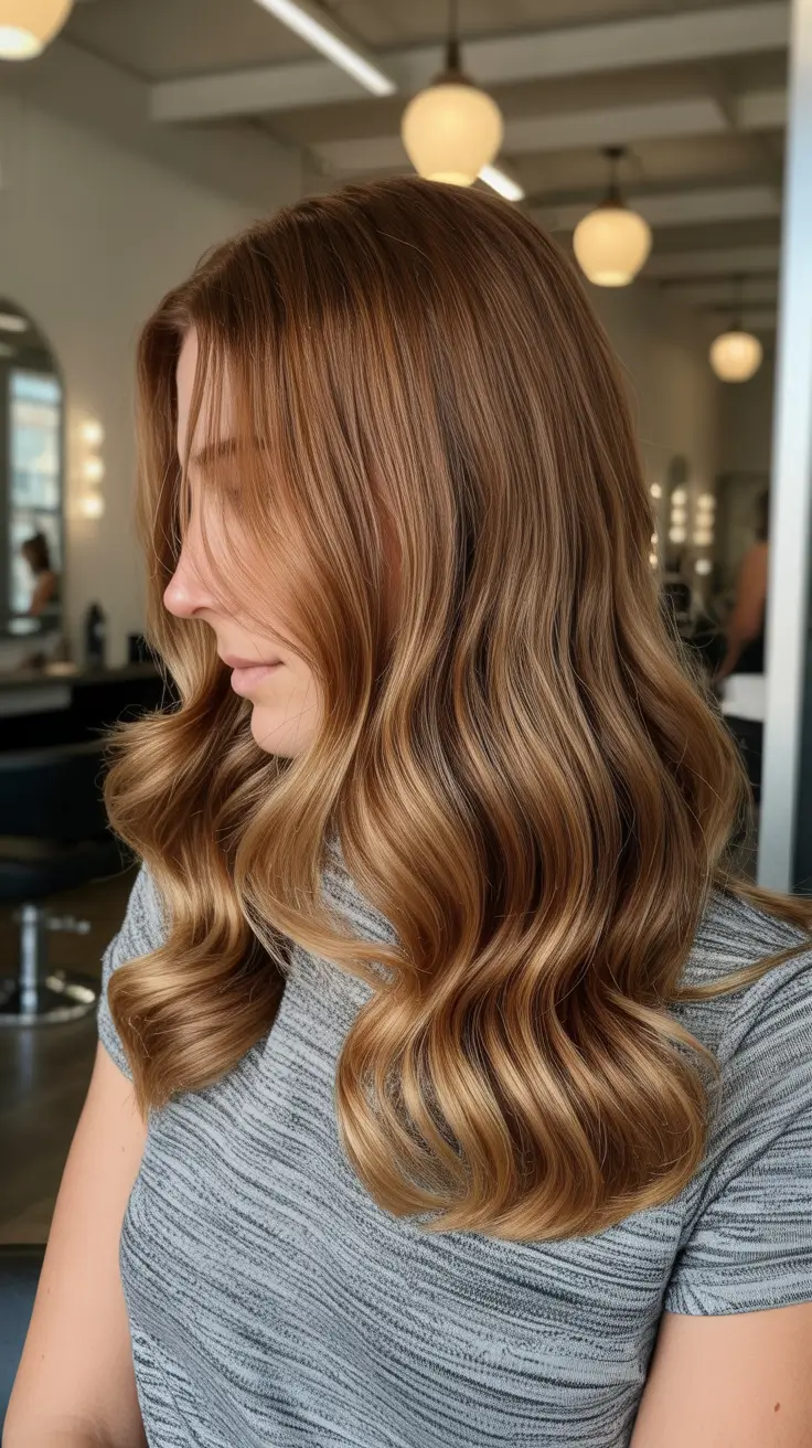 vibrant spring brown hair color 2026 Golden Toffee Waves with Luminous Dimension