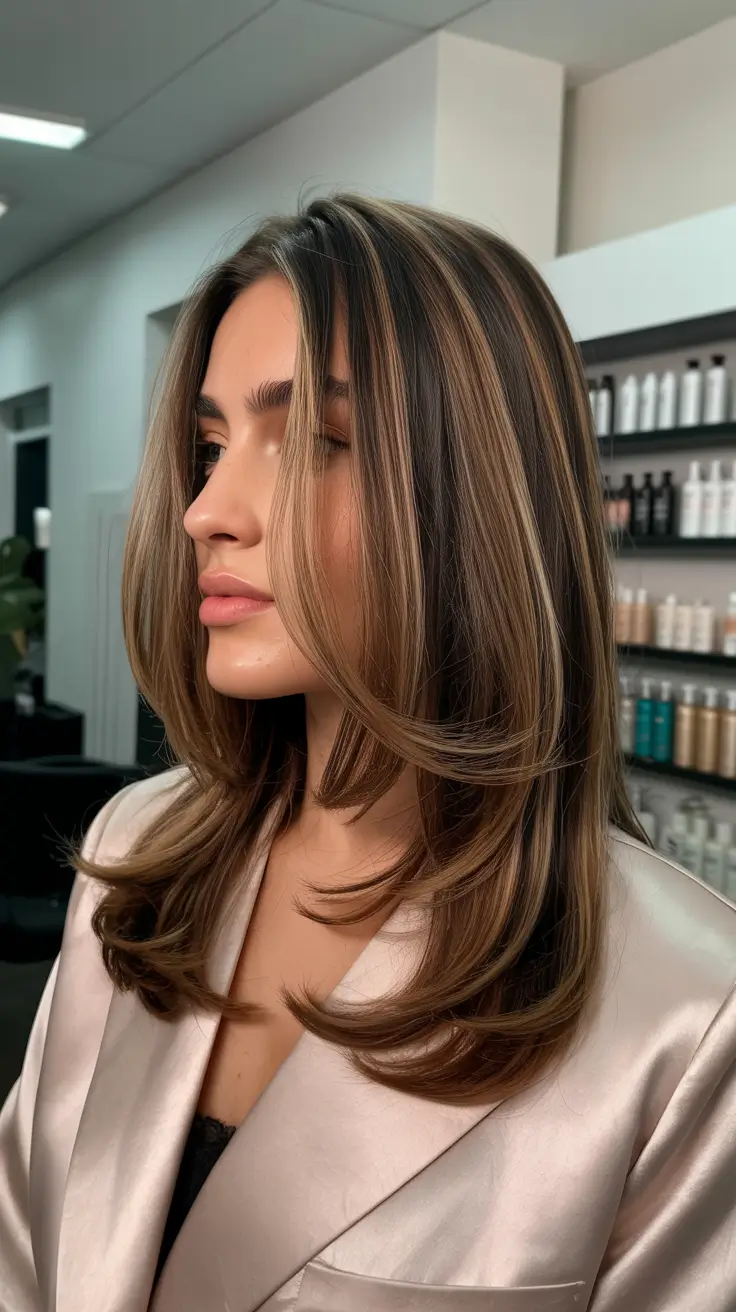 vibrant spring brown hair color 2026 Soft Caramel Contour with Luxurious Blowout Finish