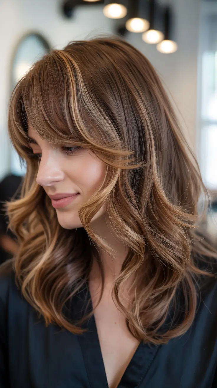 vibrant spring brown hair color 2026 Caramel Curtain Layers with Dimensional Flow