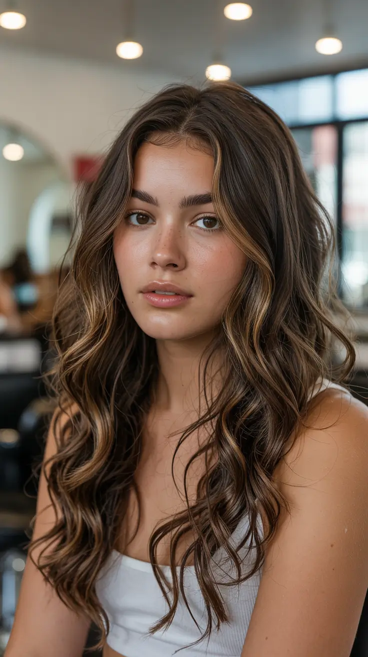 vibrant spring brown hair color 2026 Beachy Mocha Waves with Subtle Honey Threads