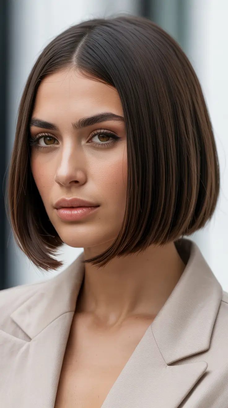 vibrant spring brown hair color 2026 Precision Espresso Bob with Glass Shine