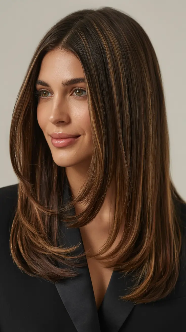 vibrant spring brown hair color 2026 Caramel Ribbon Brunette with Polished Layers