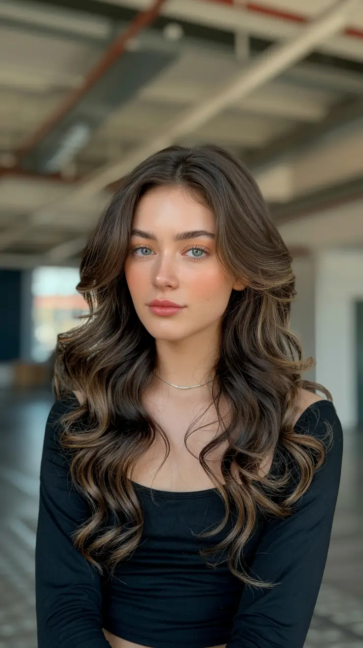 vibrant spring brown hair color 2026 Cool Espresso Waves with Airy Volume