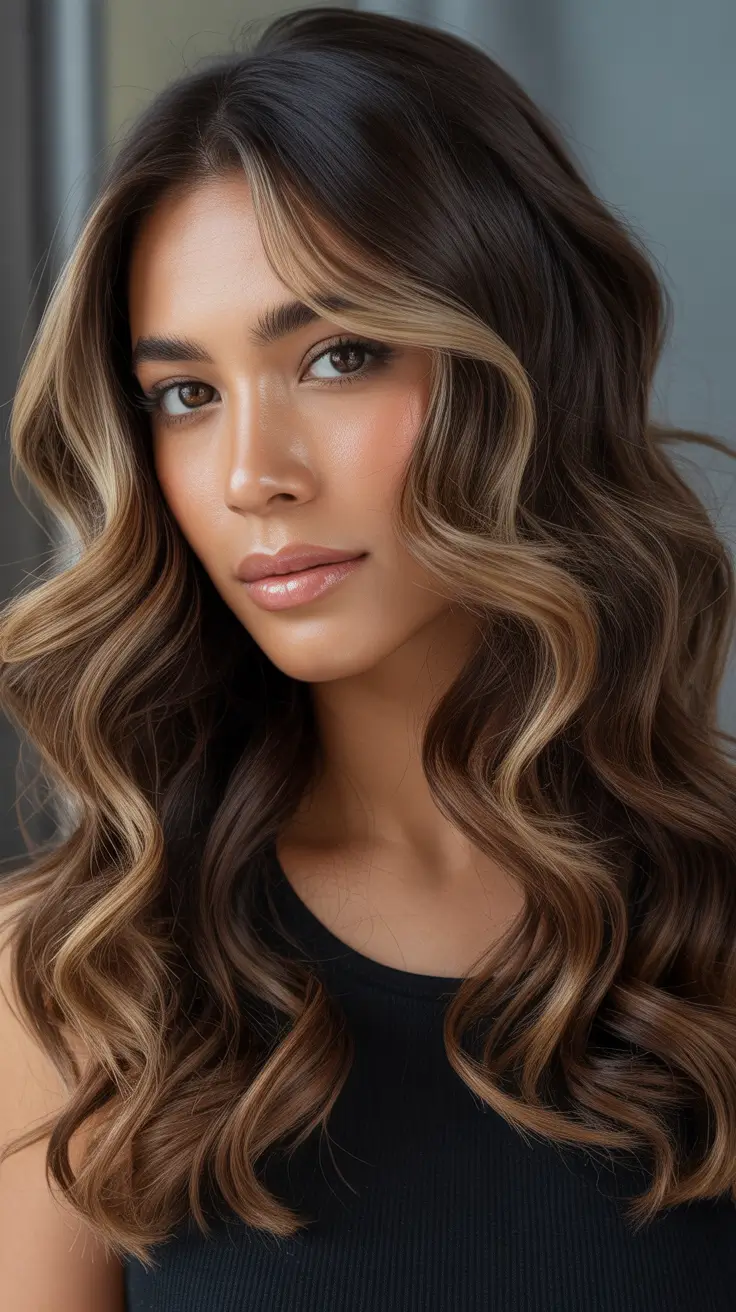 vibrant spring brunette hair color 2026 Balanced Brunette Waves with Golden Neutral Highlights