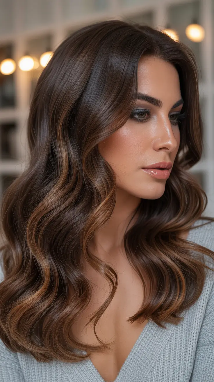 vibrant spring brunette hair color 2026 Refined Brunette Waves with Cocoa Depth