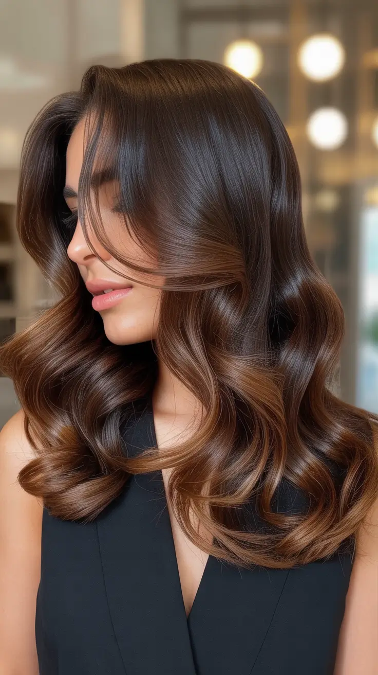 vibrant spring brunette hair color 2026 Warm Chocolate Brunette with Sculpted Waves