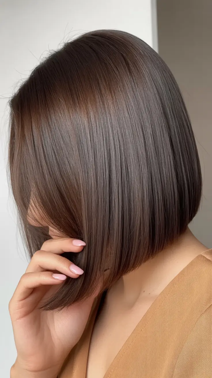 vibrant spring brunette hair color 2026 Minimalist Brunette Bob with Glassy Finish