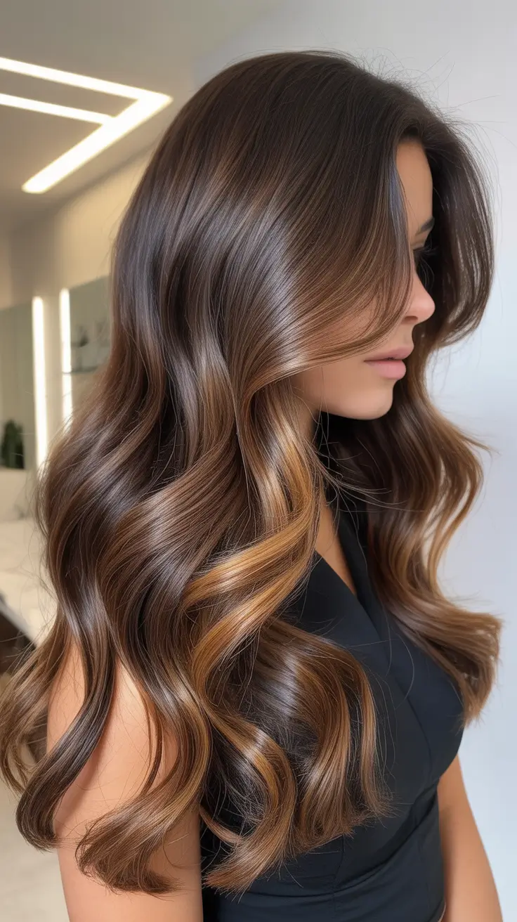 vibrant spring brunette hair color 2026 Dimensional Mocha Brunette with Golden Ribbons