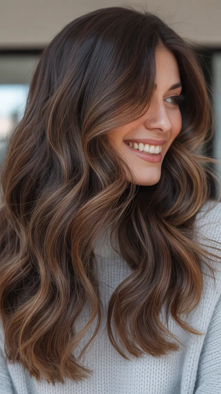 vibrant spring brunette hair color 2026 Natural Brunette Waves with Warm Lift