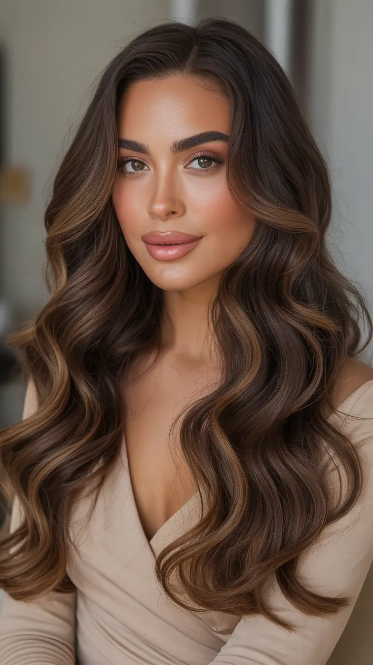 vibrant spring brunette hair color 2026 Polished Chestnut Brunette with Face Framing Glow