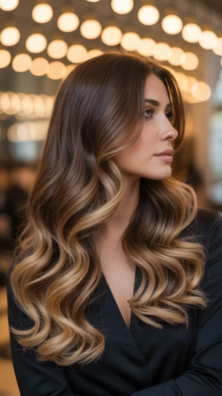 warm spring caramel hair color 2026 Polished Caramel Waves with Evening Elegance