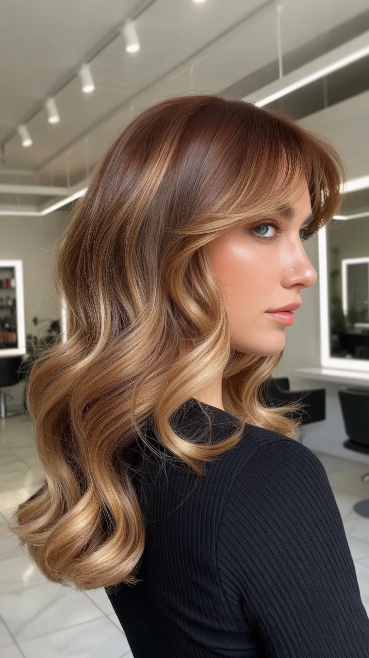 warm spring caramel hair color 2026 Warm Caramel Layers with Modern Soft Fringe