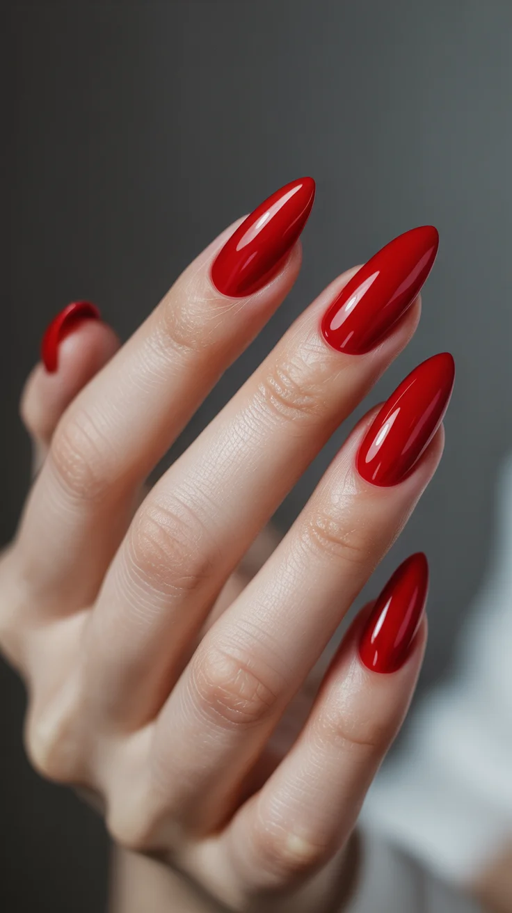 April nails colours 2026 glossy red almond manicure