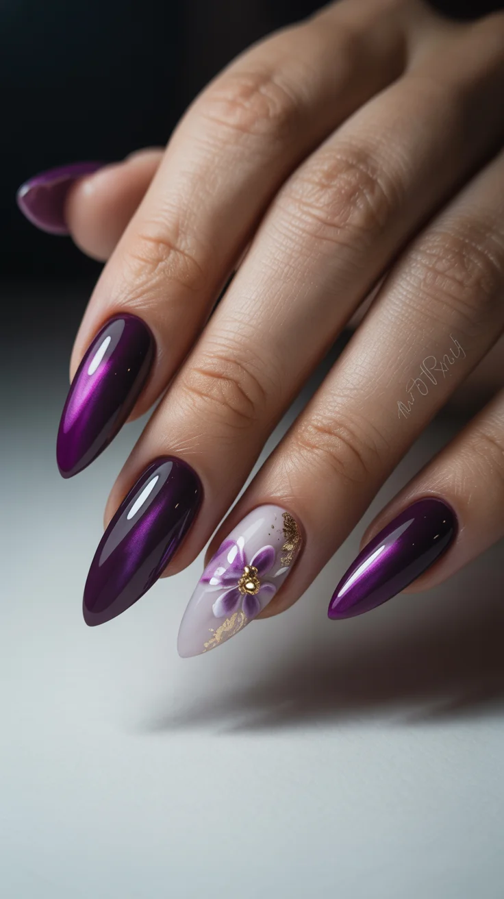 April nails colours 2026 plum chrome floral manicure