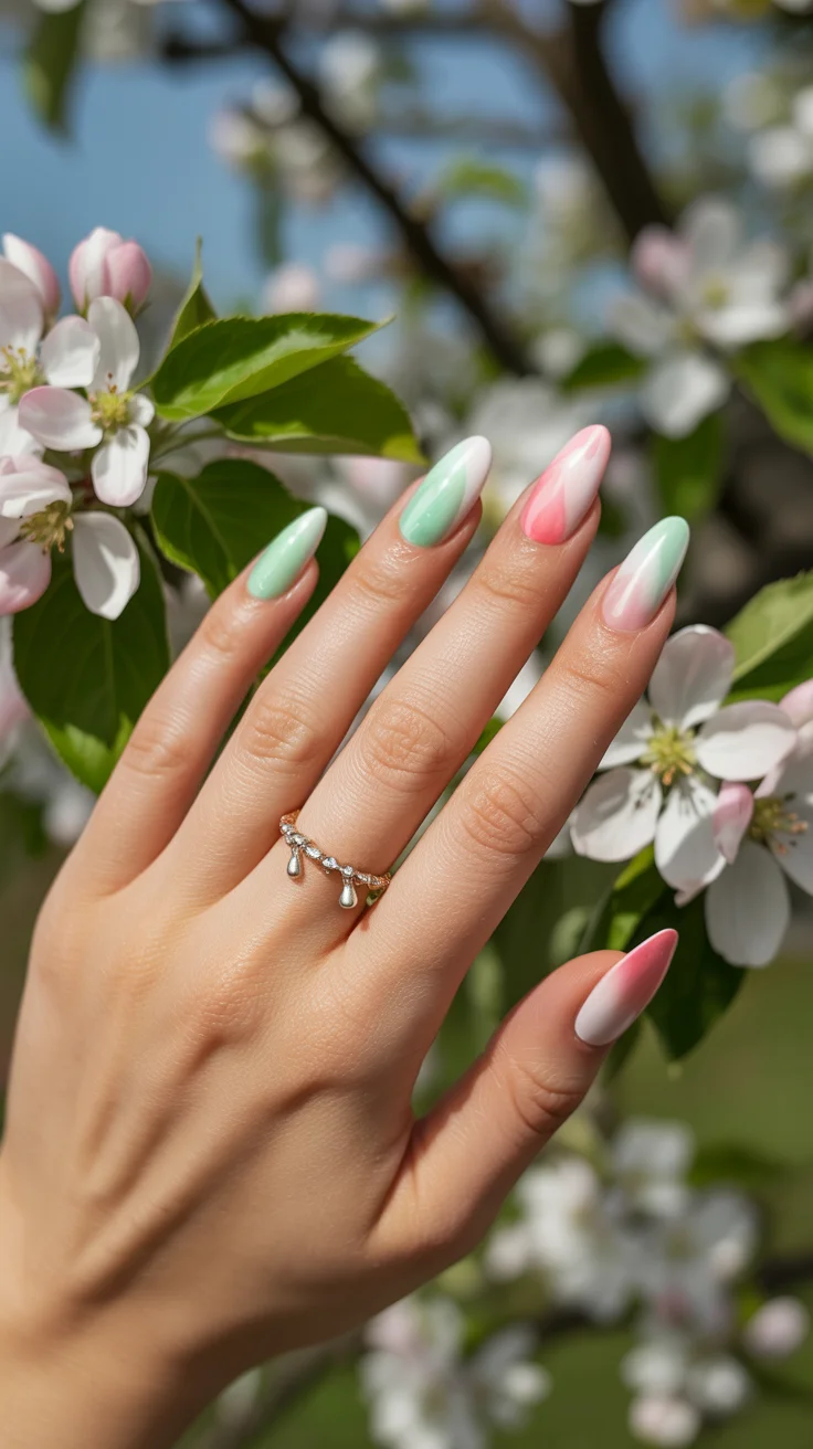 April nails ideas 2026 Fresh Mint and Pink Spring Gradient Almond Nails