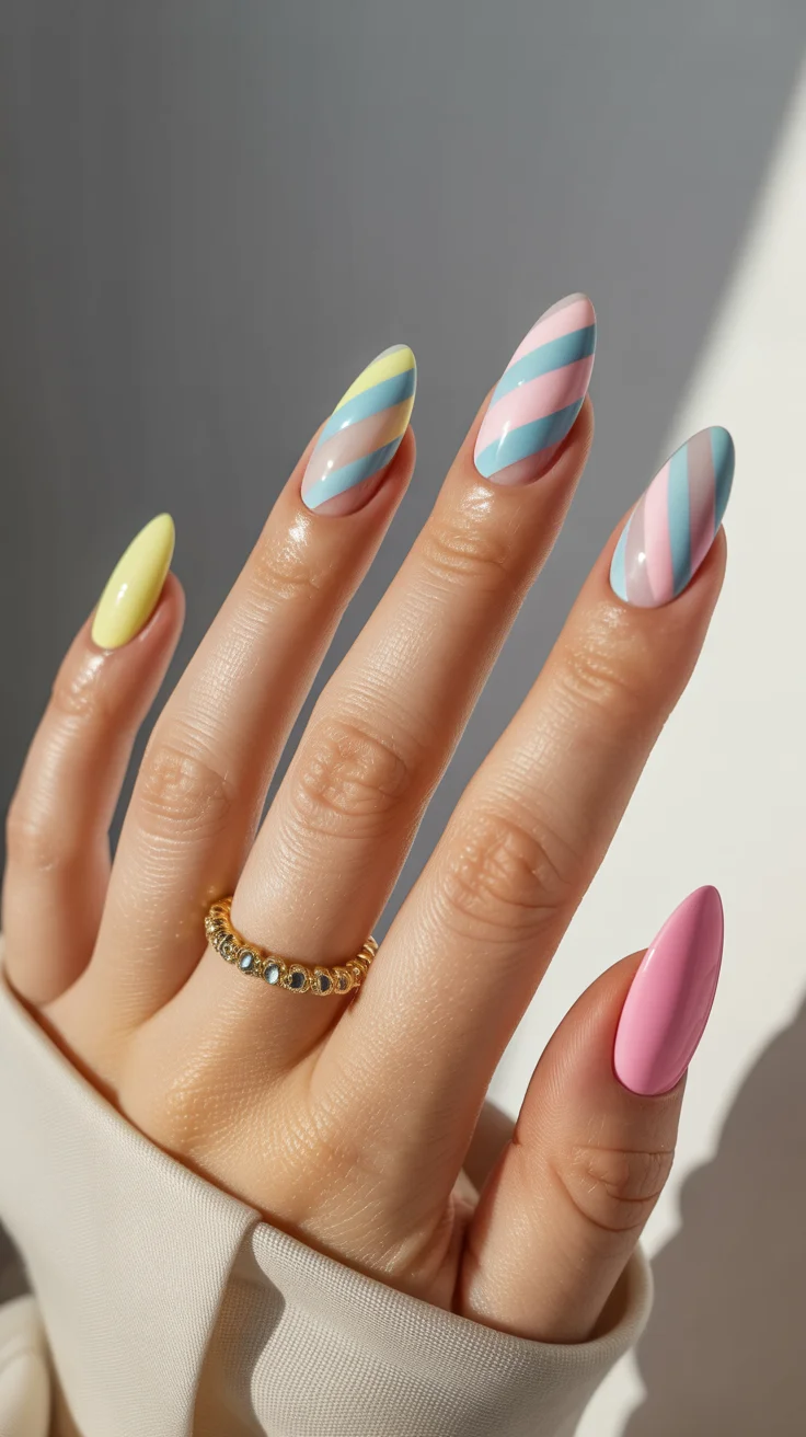 April nails ideas 2026 Playful Pastel Stripe Almond Nails