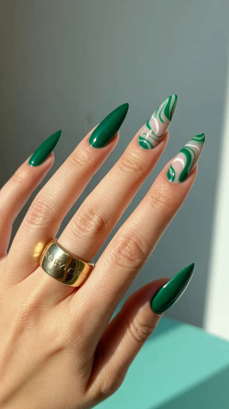 April nails ideas 2026 Emerald Green Marble Almond Nails
