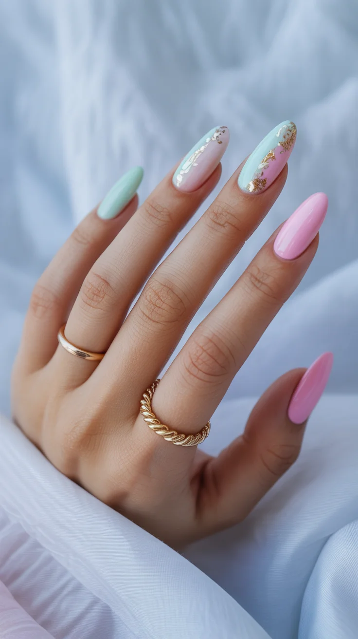 April nails ideas 2026 Mint and Pink Pastel Nails with Gold Foil Accents